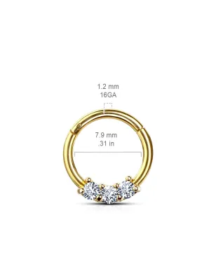 Piercing anneau segment acier doré trois zircons