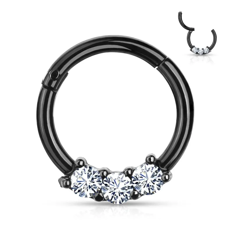 Piercing oreille anneau segment acier noir trois zircons