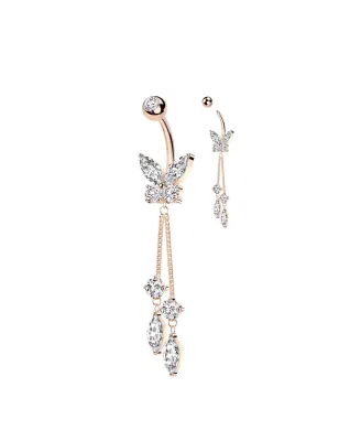 Piercing nombril papillon pendentif chaines rosé