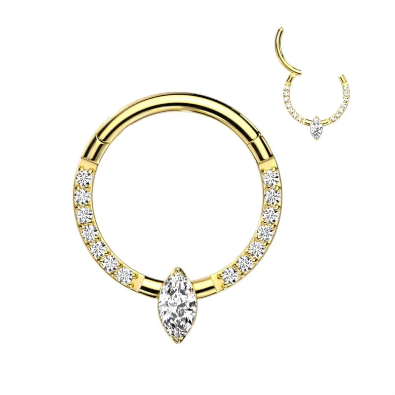 Piercing anneau titane doré marquise zircon (oreille, septum)