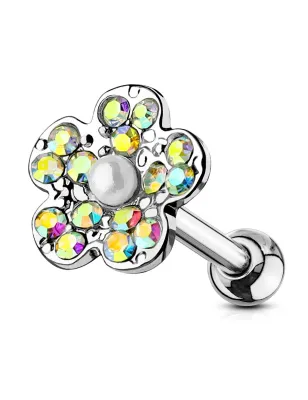 Piercing cartilage oreille fleur pavée avec perle aurore boréale