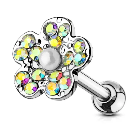 Piercing cartilage oreille fleur pavée avec perle aurore boréale