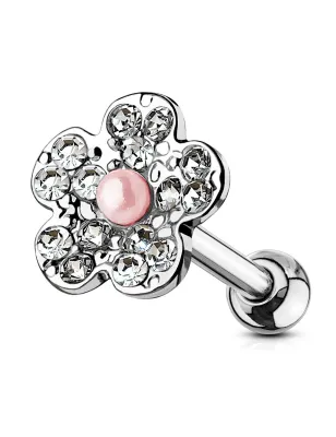 Piercing cartilage oreille fleur pavée avec perle rose