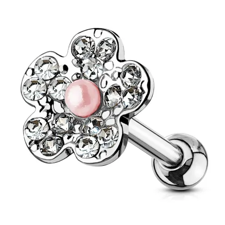 Piercing cartilage oreille fleur pavée avec perle rose