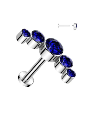 Piercing oreille labret titane incurvé cinq strass bleu