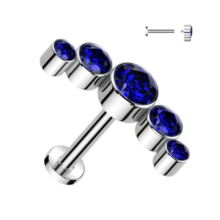 Piercing oreille labret titane incurvé cinq strass bleu