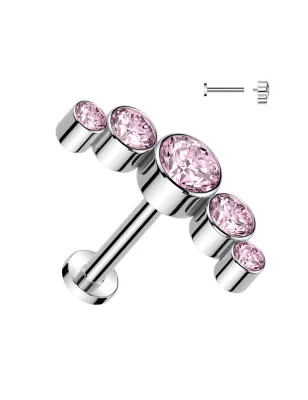 Piercing oreille labret titane incurvé cinq strass rose