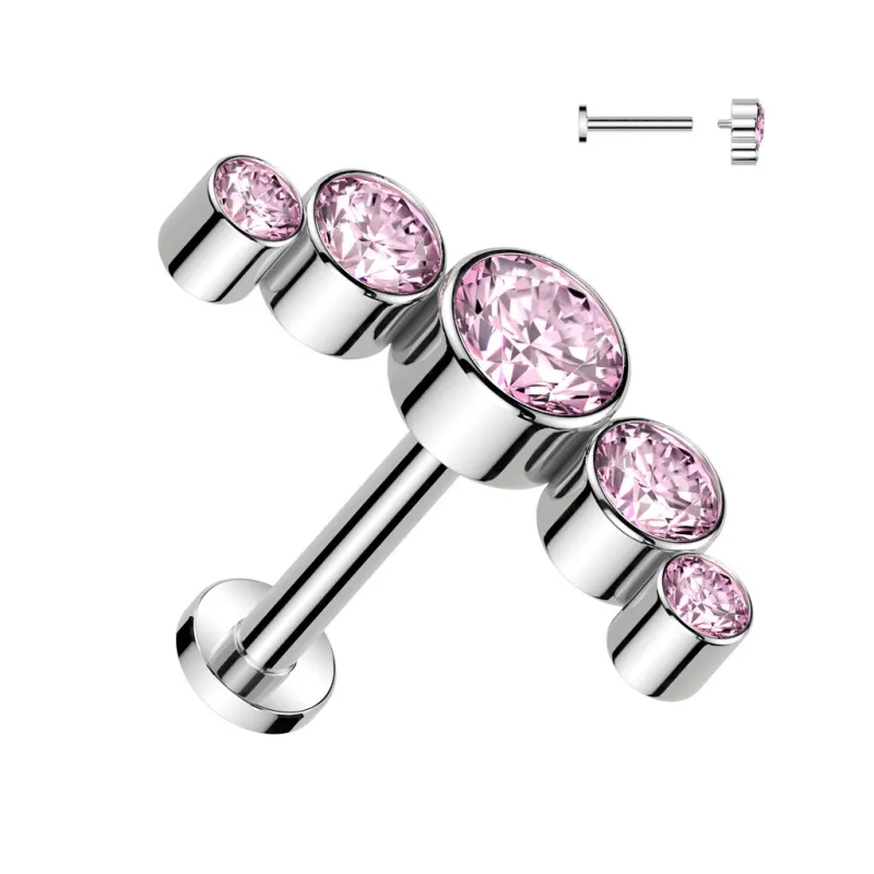 Piercing oreille labret titane incurvé cinq strass rose