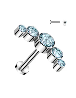 Piercing oreille labret titane incurvé cinq strass turquoise