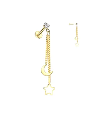 Piercing oreille labret doré double chaines étoile lune