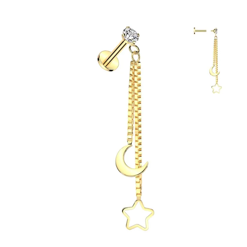 Piercing oreille labret doré double chaines étoile lune