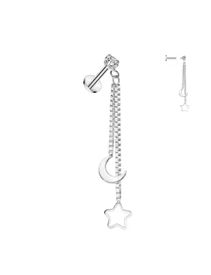 Piercing oreille labret double chaines étoile lune