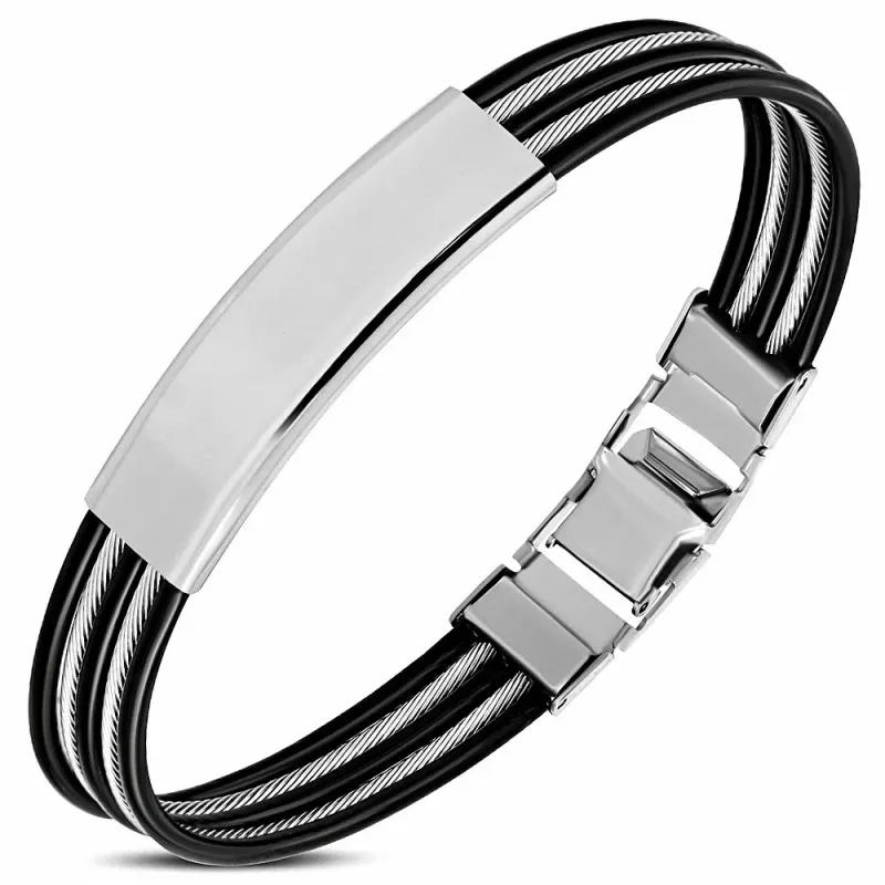 Bracelet homme celtique acier plaque et caoutchouc noir