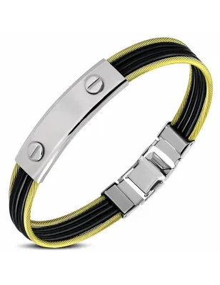 Bracelet homme acier doré plaque et caoutchouc noir