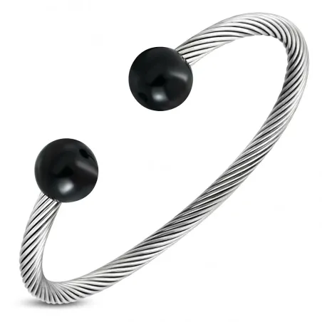 Bracelet manchette acier torsadé argenté boules noires