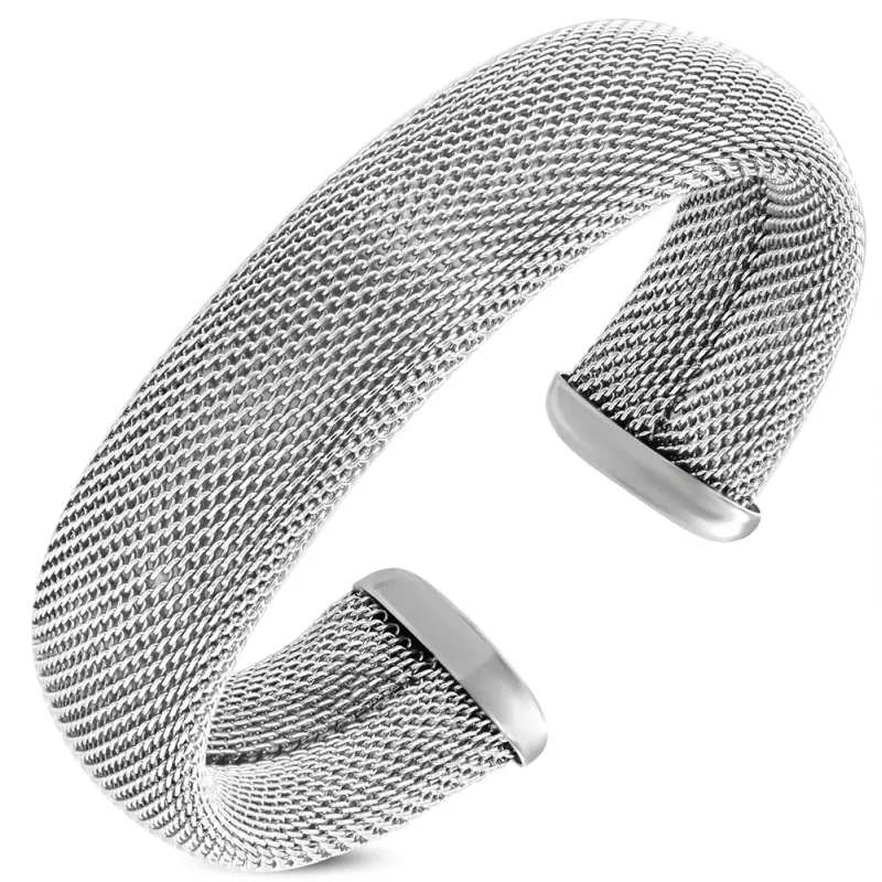 Bracelet manchette en acier argenté grille