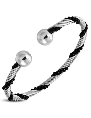 Bracelet manchette acier torsadé argenté strass noir