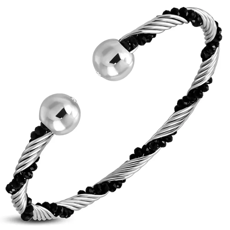 Bracelet manchette acier torsadé argenté strass noir