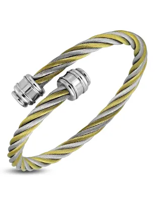 Bracelet manchette acier câbles argenté et doré