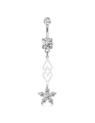 Piercing nombril pendentif losanges et fleur zircon