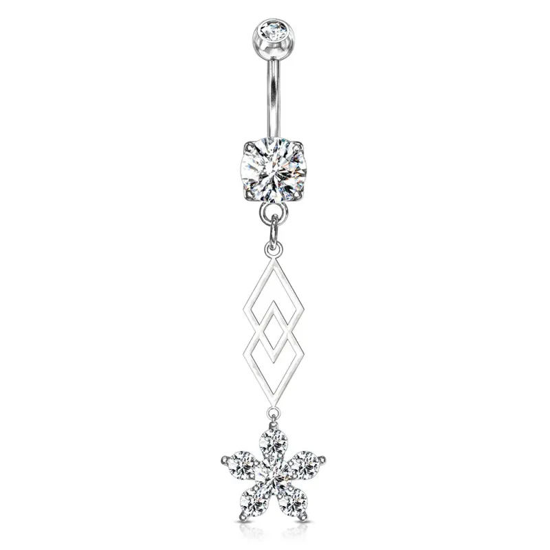 Piercing nombril pendentif losanges et fleur zircon