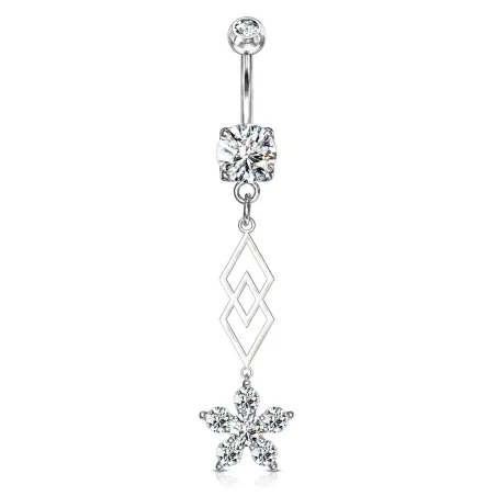 Piercing nombril pendentif losanges et fleur zircon