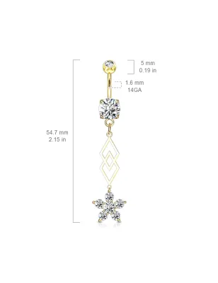 Piercing nombril pendentif losanges et fleur zircon plaqué or