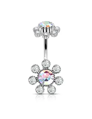 Piercing nombril double fleur cristaux aurore boréale