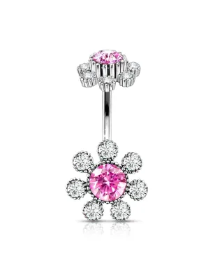 Piercing nombril double fleur cristaux rose