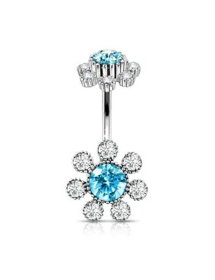 Piercing nombril double fleur cristaux turquoise