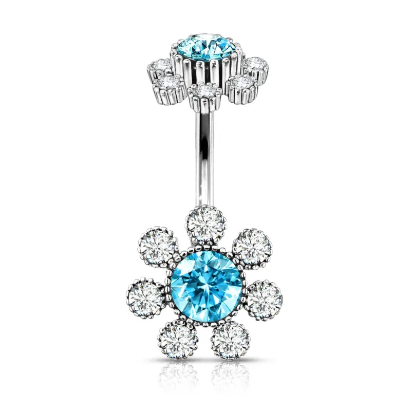 Piercing nombril double fleur cristaux turquoise