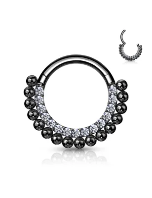 Piercing anneau oreille acier noir perles et strass