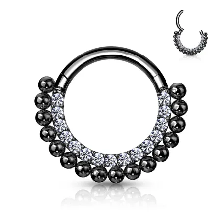 Piercing anneau oreille acier noir perles et strass