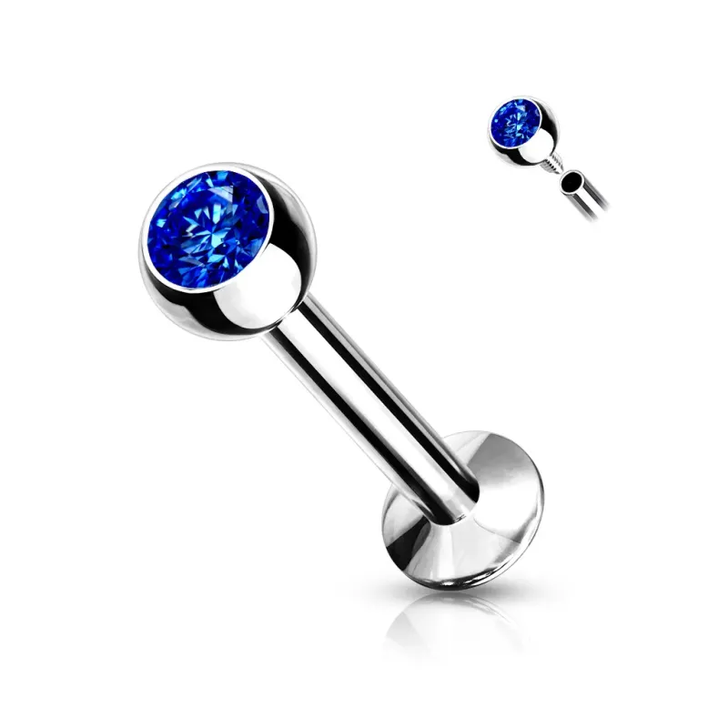 Piercing labret oreille boule sertie strass bleu