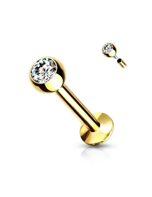 Piercing labret oreille doré boule sertie strass blanc