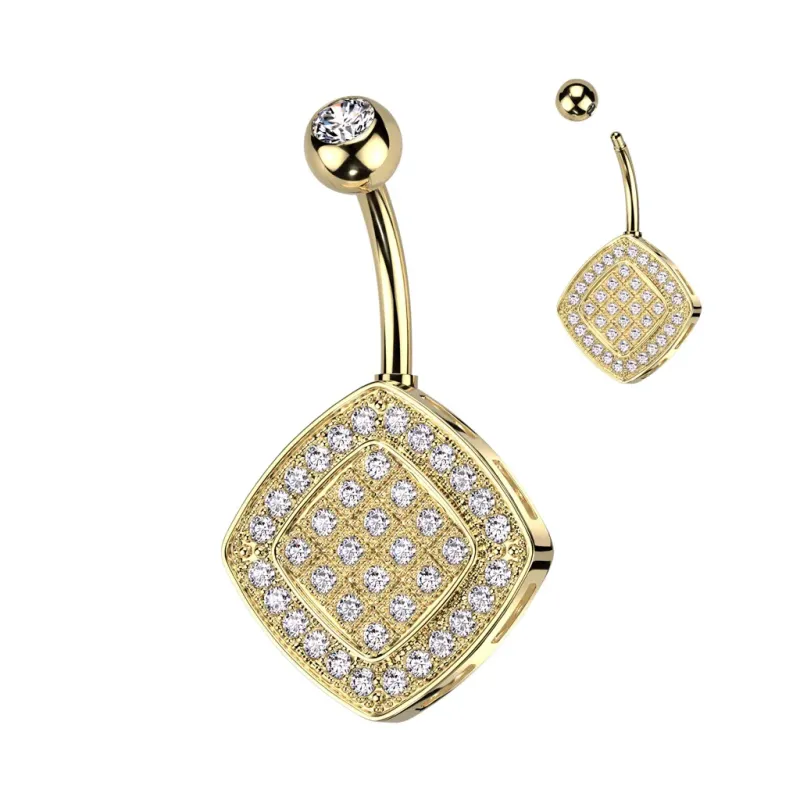 Piercing nombril losange pavé de zircon acier doré