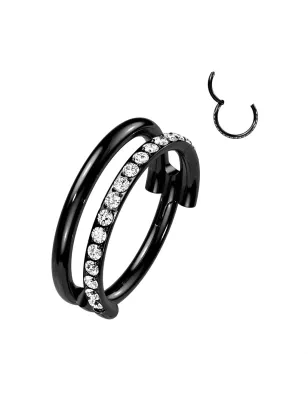 Piercing oreille anneau titane noir double zirconiums