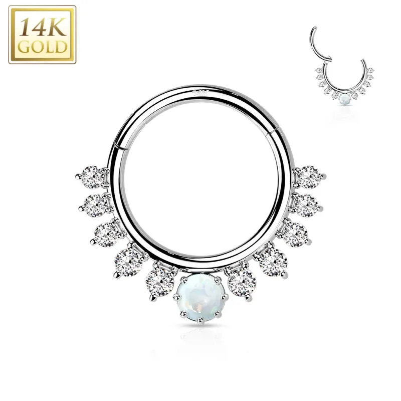 Piercing anneau or blanc 14 carats gemmes et opale frontale