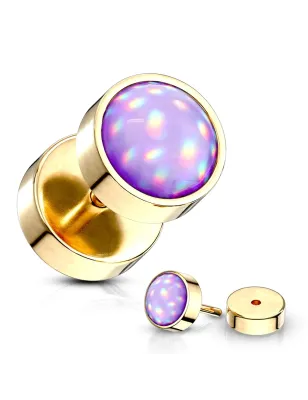 Piercing oreille faux plug doré pierre lumineuse violette