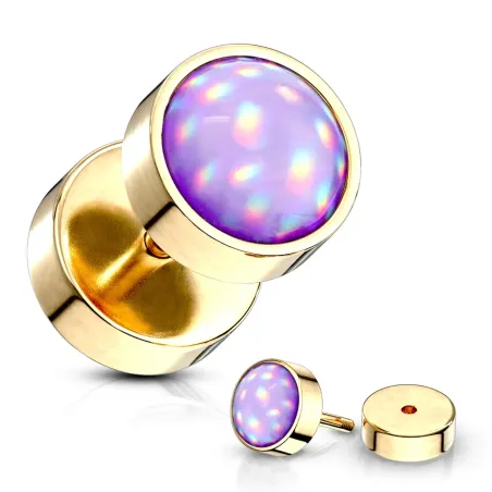 Piercing oreille faux plug doré pierre lumineuse violette