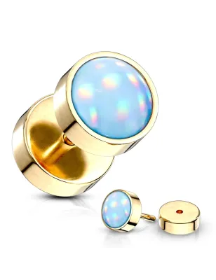 Piercing oreille faux plug doré pierre lumineuse bleue