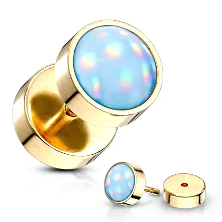 Piercing oreille faux plug doré pierre lumineuse bleue