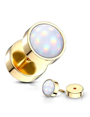 Piercing oreille faux plug doré pierre lumineuse blanche