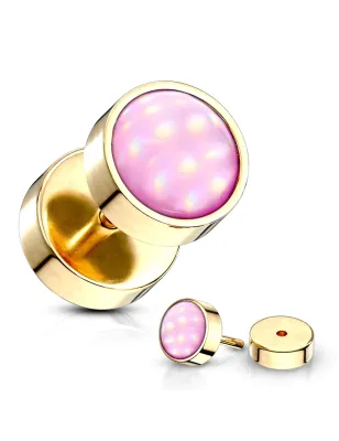 Piercing oreille faux plug doré pierre lumineuse rose