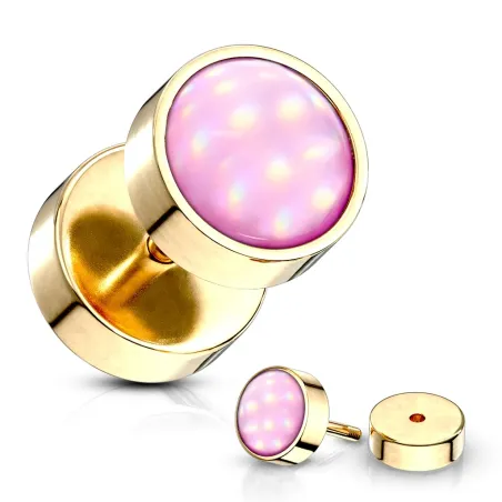 Piercing oreille faux plug doré pierre lumineuse rose