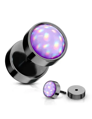 Piercing oreille faux plug noir pierre lumineuse violette