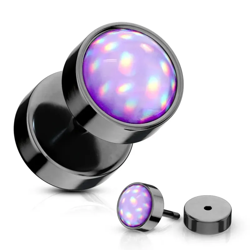 Piercing oreille faux plug noir pierre lumineuse violette