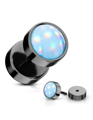 Piercing oreille faux plug noir pierre lumineuse bleue