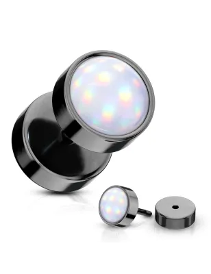 Piercing oreille faux plug noir pierre lumineuse blanche