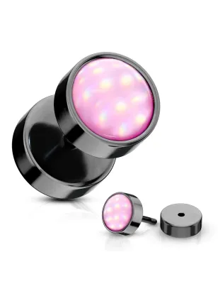 Piercing oreille faux plug noir pierre lumineuse rose